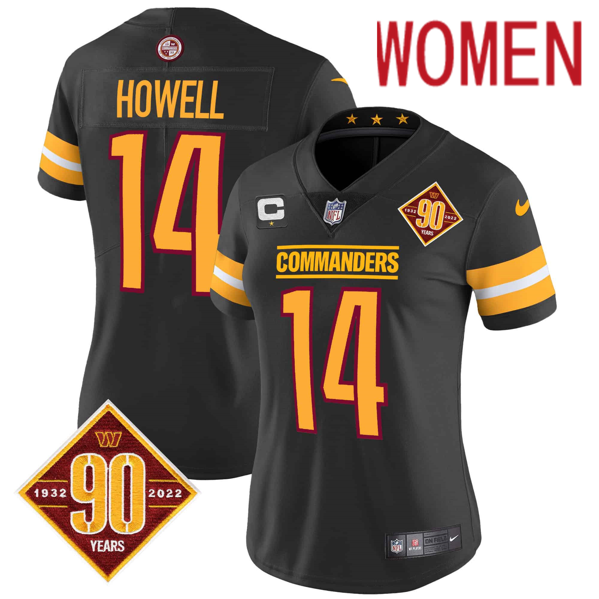 Women Washington Commanders 14 Howell Black 90th Anniversary Patch 2024 Nike Vapor Limited NFL Jersey style 1
